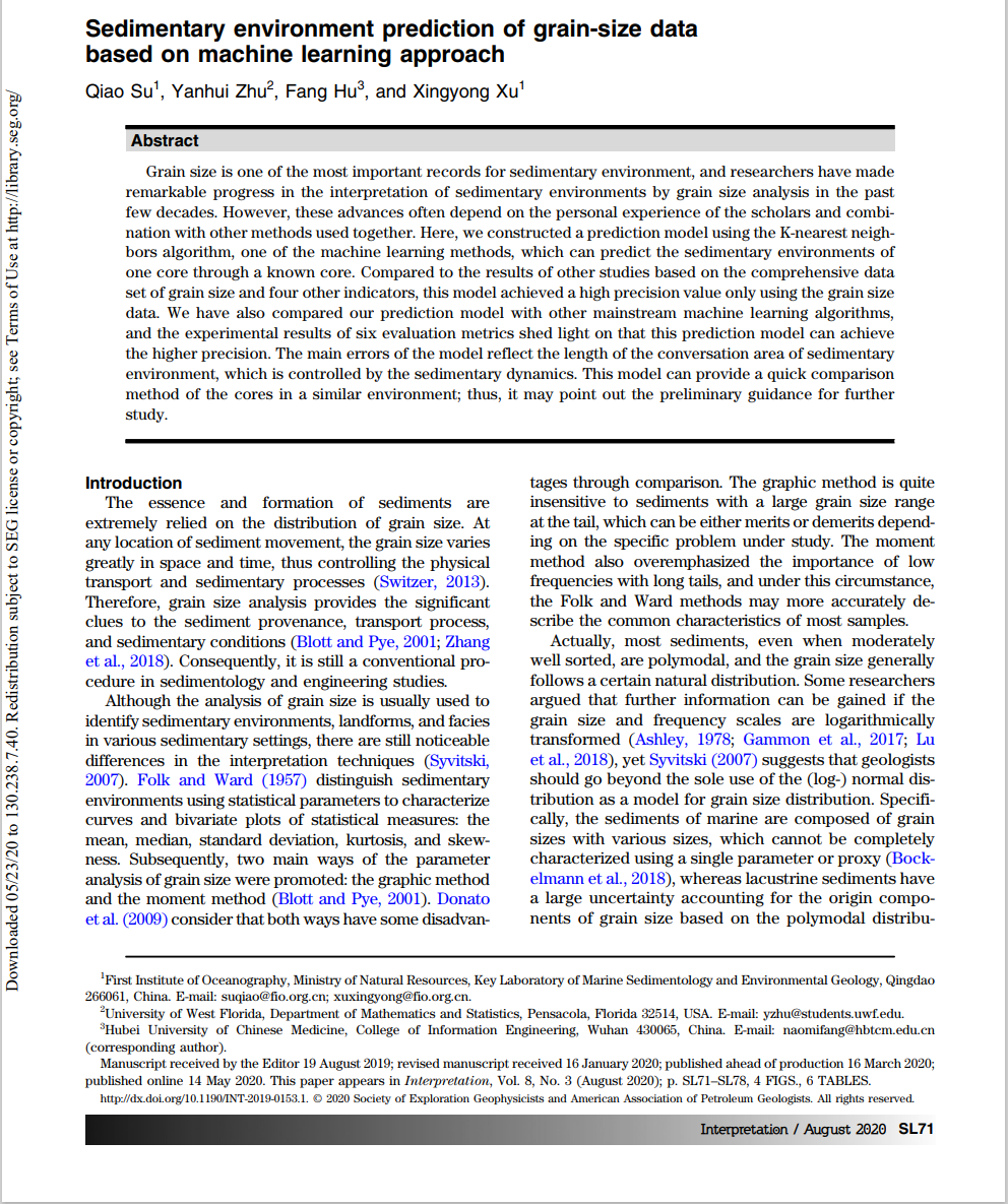 Sedimentary environment prediction of grain-size data based on machine learning approach(SCI)